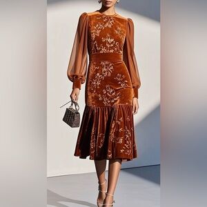Fehaute Velvet Crew Neck Mermaid Midi Dress 12 Brown/Rust NWT IN PACKAGE